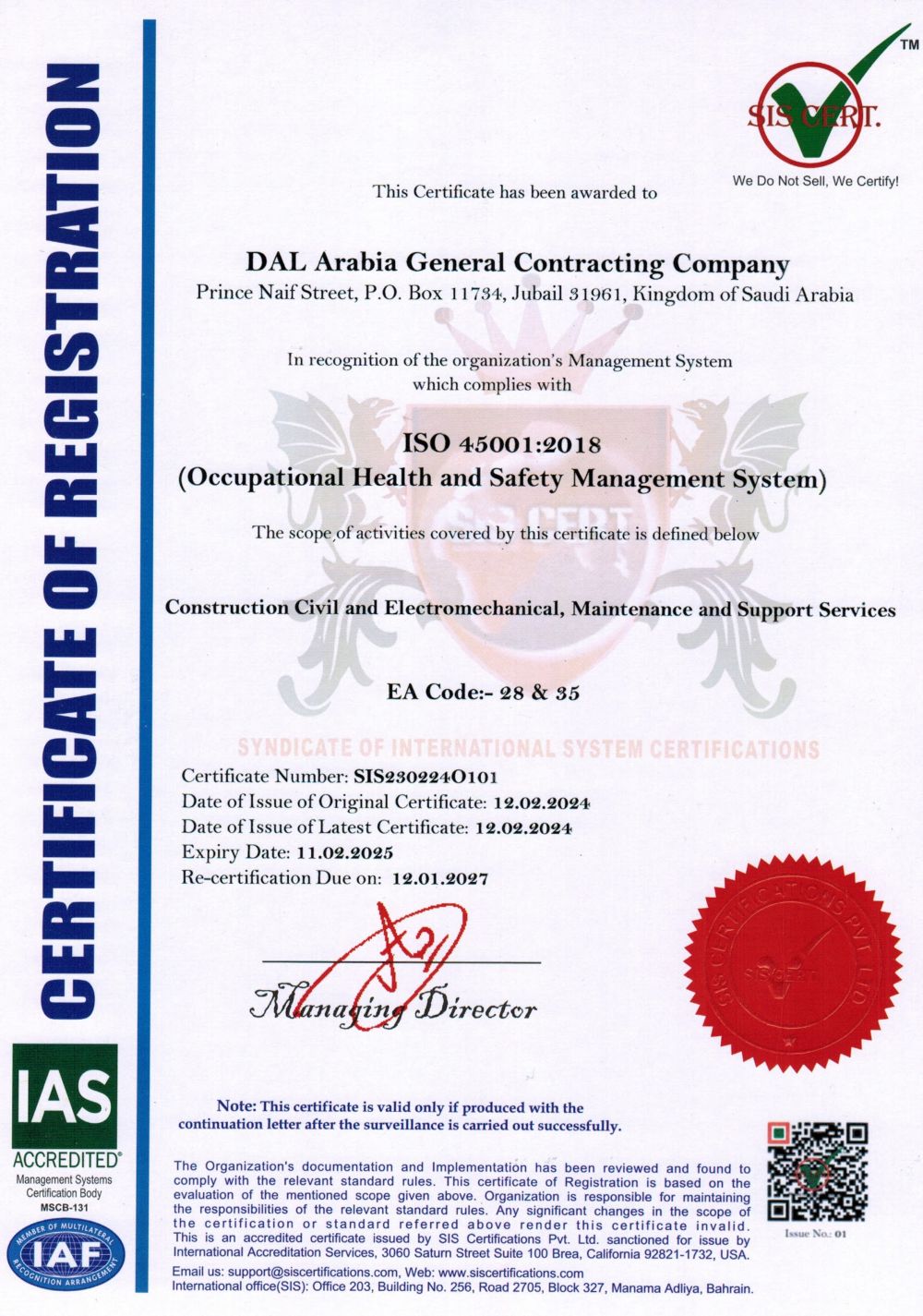 ISO 45001:2018 (Occupational Health and Safety Management System)